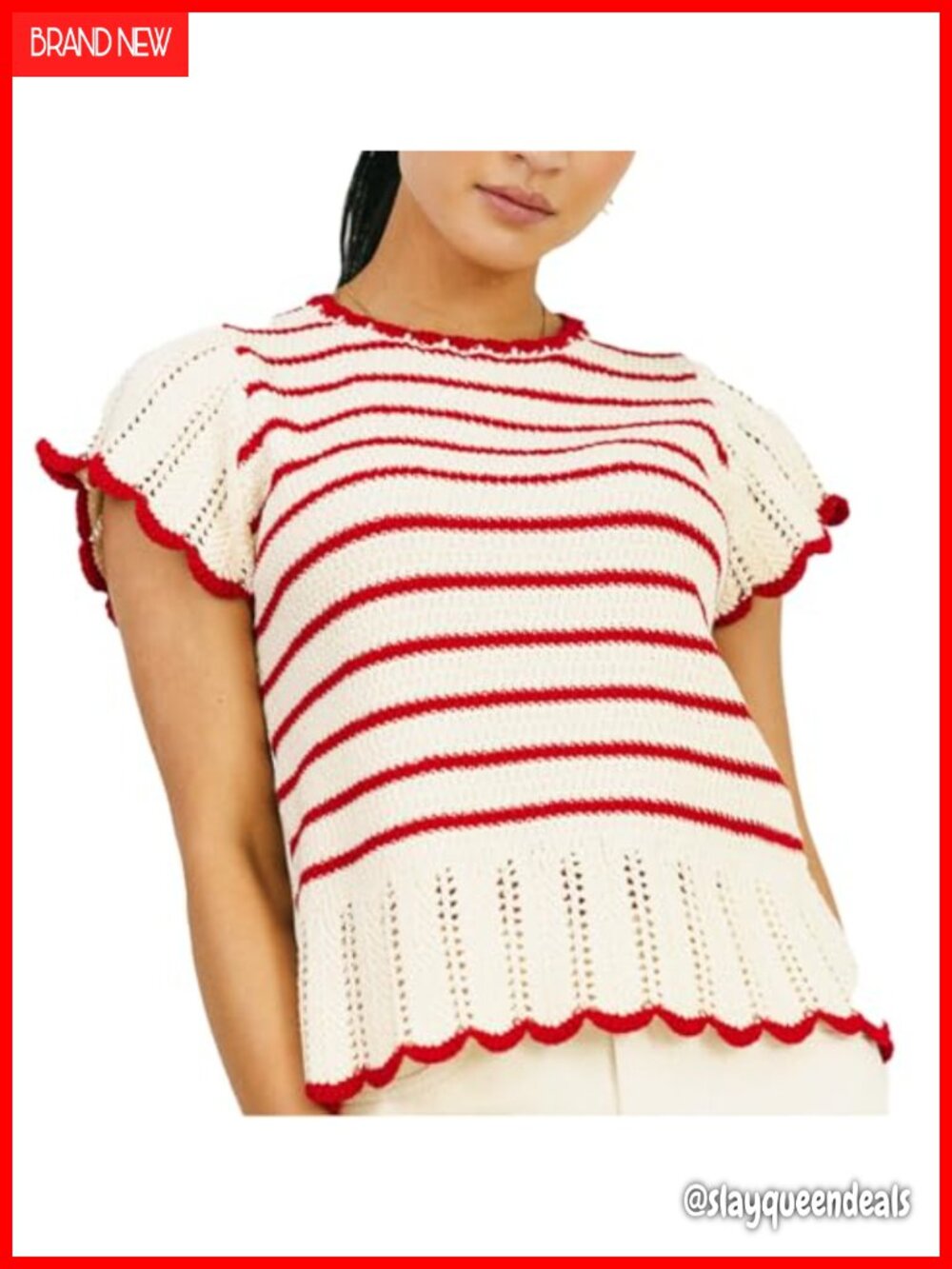 Cotton Polyester Striped Cap Sleeve Ruffle Edge Knit Sweater Vest Crewneck Crop